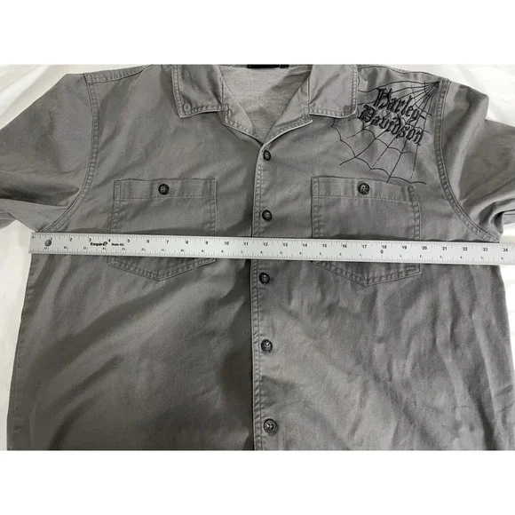 Harley Davidson‎ Short Sleeve Button Up Embroidered Shirt Skulls Flames Large - Picture 10 of 11
